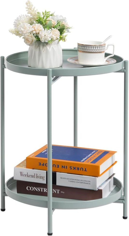 HollyHOME 2-Tier Round Side Table, Outdoor Small Folding Accent Stand with Removable Tray, Anti-Rust Metal Asional Table for Balcony Patio Living Room, Nightstand for Bedroom(Cyan Blue)