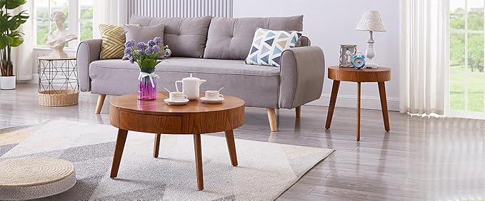 2 Piece Modern Farmhouse Coffee Table Set with Drawer, Boho Round Natural Real Wood Coffee Table for Living Room, Nesting Coffee Side Table Set with Radial Design, Wenger