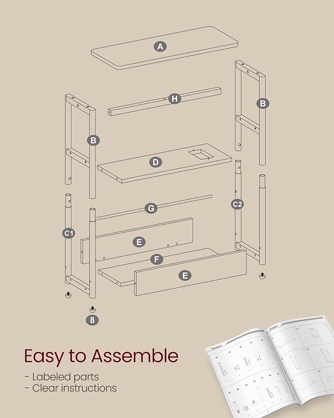 VASAGLE Side Tables with Charging Station, Set of 2 Narrow End Tables, 3-Tier Nightstands, Sofa Tables for Small Spaces, for Living Room, Bedroom, Study, Cream White ULCT664W01