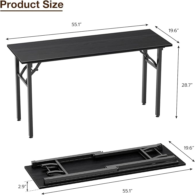 TEMI Long Computer Desk Folding Table - 55.1" Foldable Office Desk, No Assembly, Perfect Writing Table for Bedroom or Apartment, Portable Large Desk or Study Table with Compact Design, Dark Oak