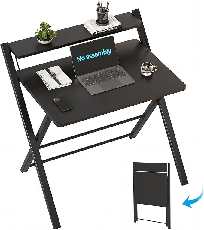 GreenForest No Assembly Folding Desk, 2-Tier Compact Computer Desk with Shelf, Space Saving Foldable Table for Home Office, Dorm or Apartment, Portable Collapsible Sturdy Laptop Desk, Black