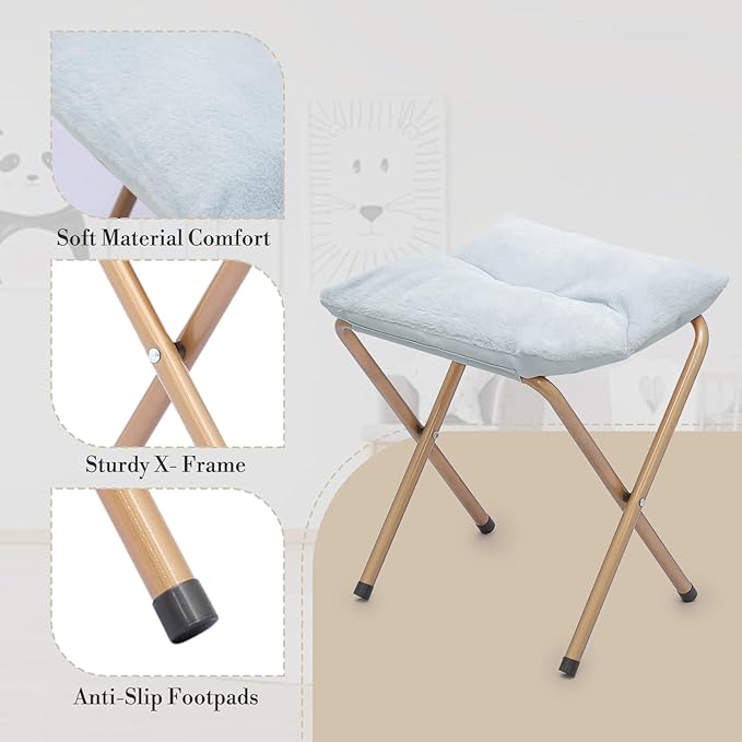 Athena Collection Saucer Chair with Ottoman Comfy Chair for Bed Room Living Room Folding Round Cozy Chair Faux Fur Metal Frame Foldable Lazy Chair Accent Chair Reading Chair Set of 2, Blue