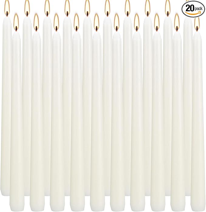 20 Ivory 10 Inch Unscented Smokeless Taper Candles with Cotton Wick, 7+ Hours of Long Lasting Burn, Great for Home Decor & Parties, Dinner, Beautiful Gifts!