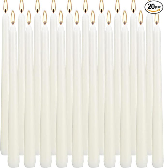 20 Ivory 10 Inch Unscented Smokeless Taper Candles with Cotton Wick, 7+ Hours of Long Lasting Burn, Great for Home Decor & Parties, Dinner, Beautiful Gifts!