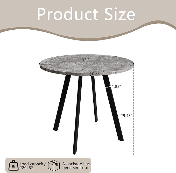 Round Dining Table, Modern Small Round Coffee Table, 33.5'' Mid-Century Round Leisure Table with Four Iron Legs for 2-4 Person, Suitable for Living Room, Kitchen, Cafe and Home Office