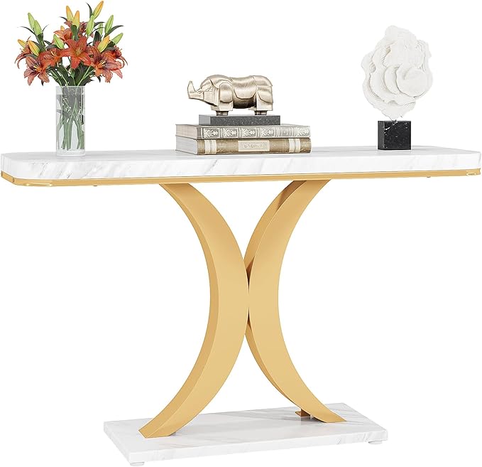LITTLE TREE Narrow Entryway Console Table, Small, White+Gold