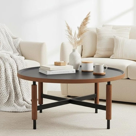 LukeAlon Modern Round Coffee Table Circle Wooden Table Top with Black Cross Legs Base, Rustic, Vintage, Living Room Easy Assembly, Black(31" D x 31" W x 13.5" H)