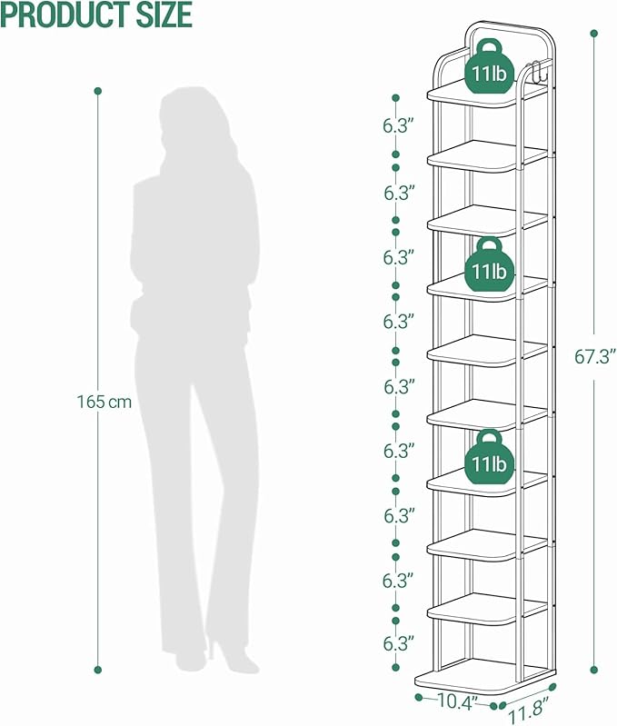 10 Tiers Vertical Shoe Rack, Narrow Shoe Tower, Tall Shoes Shelf with 2 Hooks, Adjustable Shelves, Corner Shoes Shelves for Small Spaces, Entryway, Living Room, White SR11213W