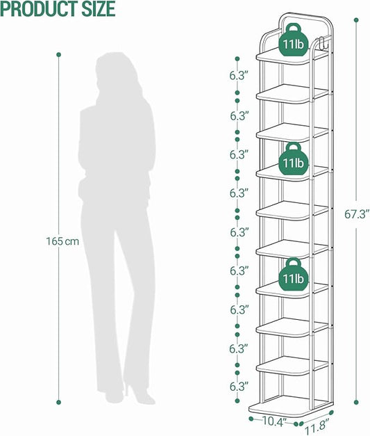10 Tiers Vertical Shoe Rack, Narrow Shoe Tower, Tall Shoes Shelf with 2 Hooks, Adjustable Shelves, Corner Shoes Shelves for Small Spaces, Entryway, Living Room, White SR11213W
