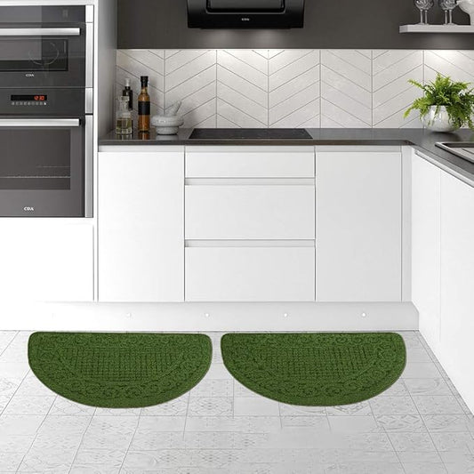 VANZAVANZU Kitchen Rugs, 2 Pack 31"x19" Kitchen Mats, Half Moon Round Kitchen Rugs Carpet, Designed in Latex Anti Skid Absorbent and Machine Washable for Kitchen Doorway Bathroom Floors (Dark Green)