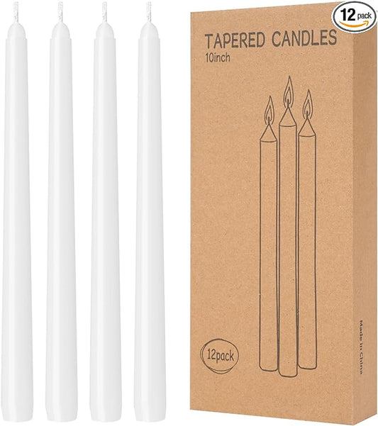 12 Pack White Taper Candles 10 inch - Taper Candles Dripless, Smokeless, Unscented - 8 Hours Long Burning - Hand Poured Tall Candlesticks - Perfect for Home Decor, Weddings, and Special Occasions