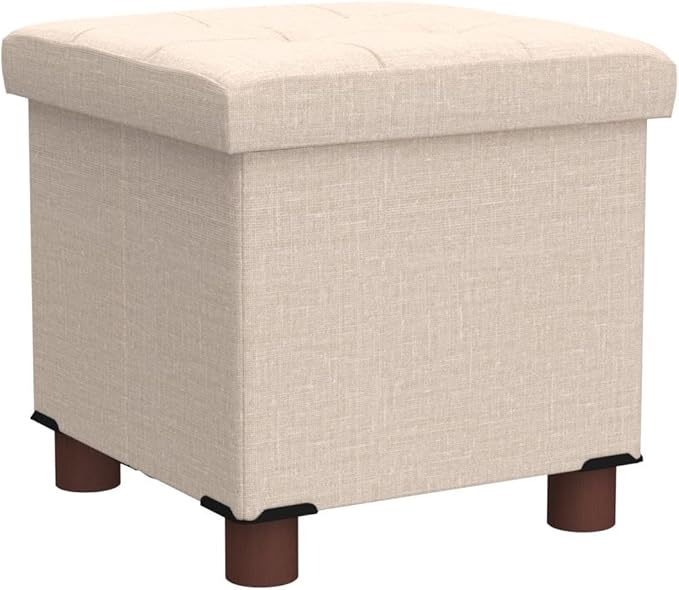 15 Inch Storage Ottoman with Wooden Legs - Cube Foot Rest Stool, Square Footstool, Comfortable Seat with Lid, Foldable Fabric Ottoman, Space-Saving Beige