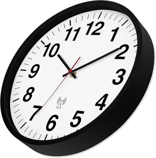 Foxtop Atomic Analog Wall Clock 12 Inch Battery Operated Round Modern Wall Clock Sets Automatically for Office Classroom Bedroom Kitchen Living Room (Black)