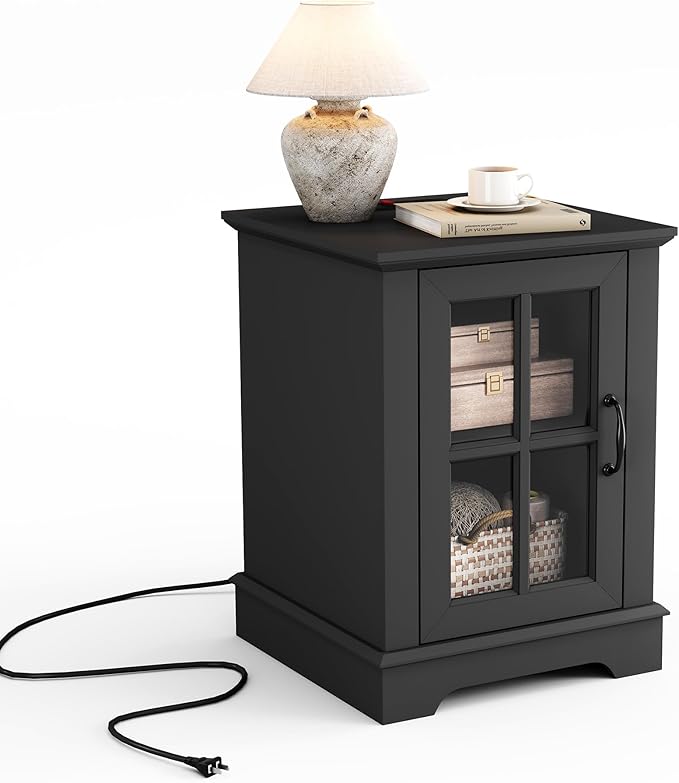 LINSY HOME End Table with Charging Station, Modern Side Table with Storage Cabinet and Adjustable Shelf, Small Sofa Table for Living Room, Home Office, Black