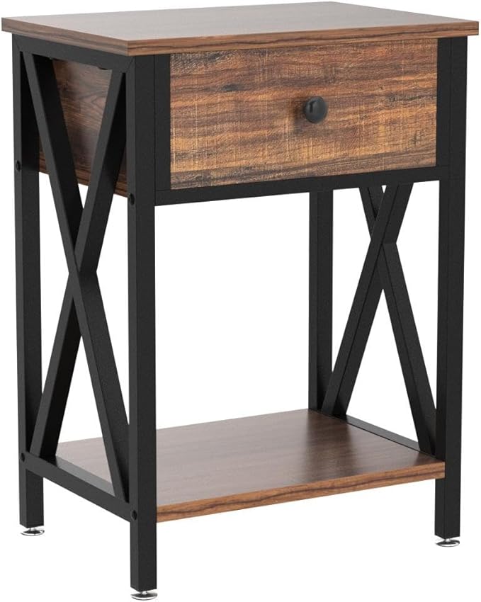 VECELO Nightstands Set of 2, Modern Bedside End Tables, Night Stands with Drawer and Storage Shelf for Living Room Bedroom, Industrial Metal Frame