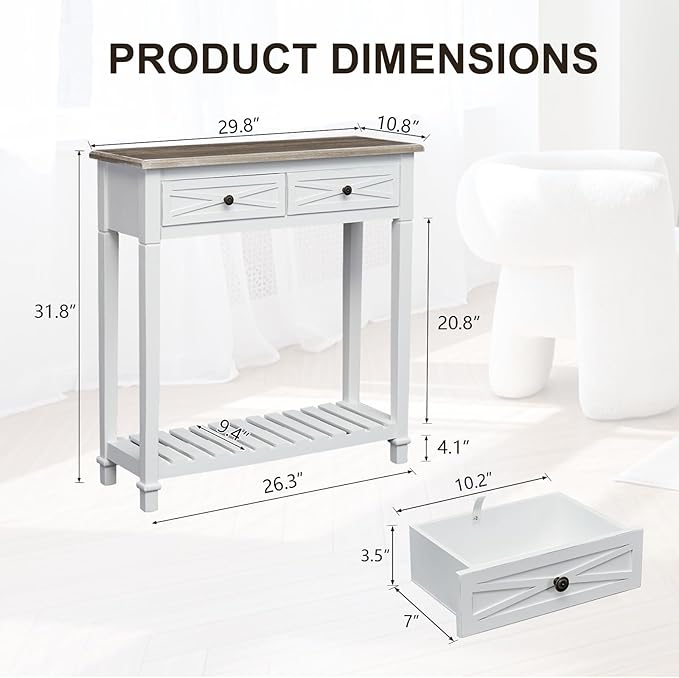 kinbor Entryway Table - White Console Table with 2 Drawers, Narrow Small Console Table with Storage Shelf for Entryway, Living Room, Hallway, White