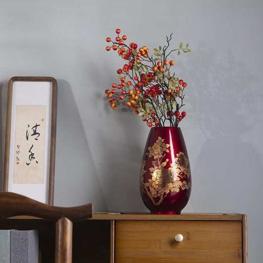 9 Inch Glossy Vintage Ceramic Vase with Floral Design,Flower Vases for Dining Table & Wedding Centerpiece, Handcrafted Home Decor,Boho Decoration for Living Room,Office,Entryway,Pampas Grass(Wine red)