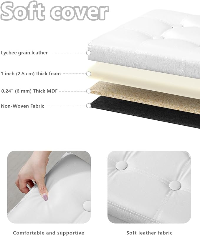 Folding Storage Ottoman, Foot Stool with Thicker Foam Padded Seat Small Leather Storage Ottoman Bench Foot Rest for Living Room Foldable Coffee Table 17x13x13in,White