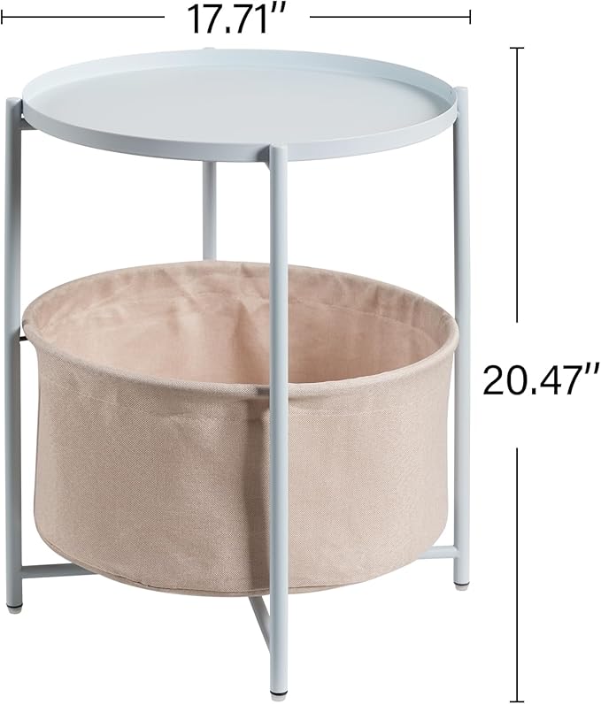 danpinera Round Side Table with Fabric Storage Basket, Metal Side Table Small Bedside Nightstand with Removable Tray Top for Living Room, Bedroom, Nursery, Laundry, Blue-Gray
