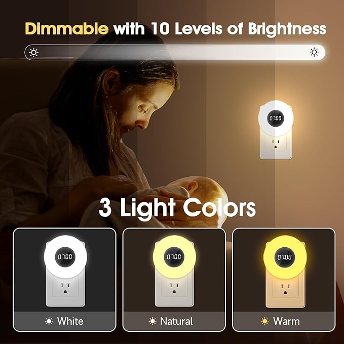 【2 PACK】 Bathroom Clock,10 Levels Dimmable+3 Light Colors+Remote Shower Clock+Bathroom Night Light, 90 Lumen Shower Timer+Light Timer, Aora Night Light, Nightlight Plug in Night Lights for Wall Socket