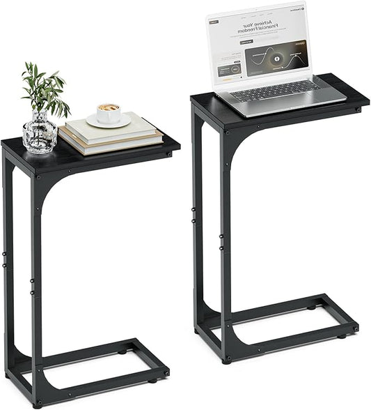 C-Shaped Side Table for Couch - Small Coffee Stand Sofa Tray Desk with Sturdy Metal Frame and Waterproof Scratch Resistant Wood Surface, Modern End Accent for Living Room, Bedroom, Black