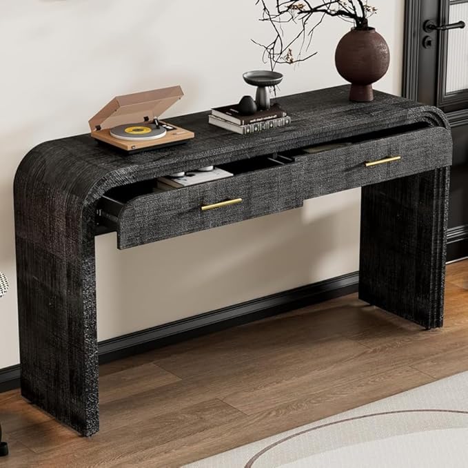 kevinplus 59'' Retro Console Table Sofa Table Entryway Table with Drawer Storage, Modern Mid-Century Retro Wood Console Sofa Table for Living Room Bedroom Hallway, Adjustable Foot Pad, Antique Black