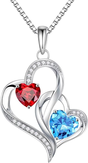 Iefil Christmas Gifts for Women - Double Heart Birthstone Necklace, 925 Sterling Silver Heart Pendant Necklace, Anniversary Birthday Gifts for Women | Personalized Jewelry Gift for Wife Mom Girlfriend