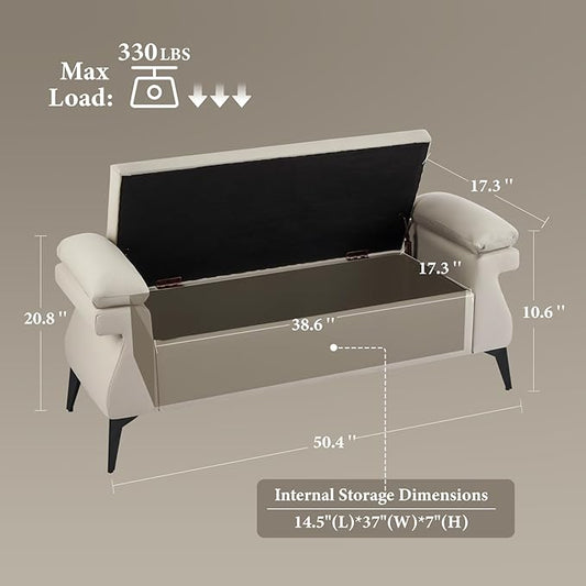 Furniliving 51” Storage Bench, Upholstered End of Bed Bench with Armrest Cushion Large Storage Ottoman/Bedroom Bench/Ottomans, Window Bench with Metal Legs, for Living Room, Entryway, Grey