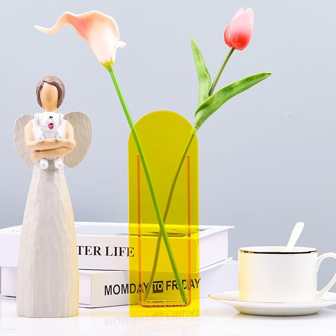 Yellow Acrylic Vase Arched for Modern Aesthetic Room Decor, Mustard Yellow Acrylic Decorative Centerpiece for Home or Wedding Office