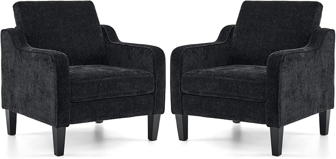 VINGLI Living Room Chairs Set of 2, Black Accent Chair 5.5" Thick Seat Cushion Comfy Chair Soft Chenille Side Chair Upholstered Arm Chair for Bedroom, Play Room, Apartment, Office (Black)