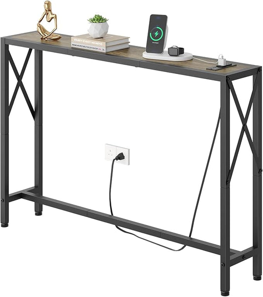 41.7" Console Table, Narrow Behind The Couch Table with Outlet, Industrial Skinny Sofa Table for Hallway, Entryway, Living Room,Walnut