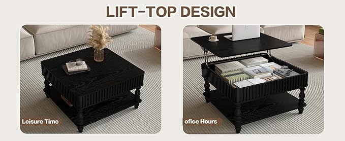 31.5" Lift Top Fluted Coffee Table with Hidden & Open Storage, Modern Square Wooden Center Table Cocktail Tea Table with Curved Safety Corners and Adjustable Height for Living Room, Black