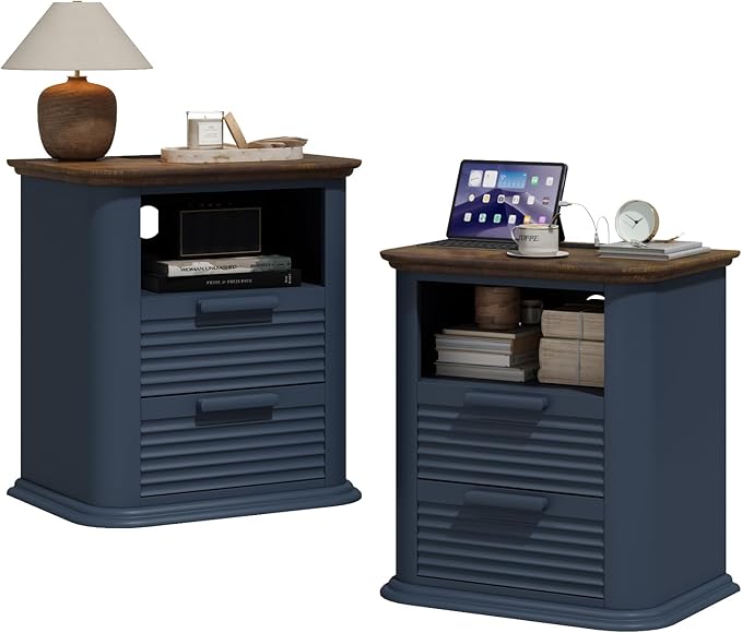 22'' Fluted Nightstand with Charging Station Set of 2, Modern End Table with 2 Drawers and Open Storage, Wood Side Table with Round Corner for Bedroom, Living Room, Curved Profile,Dark Navy Blue