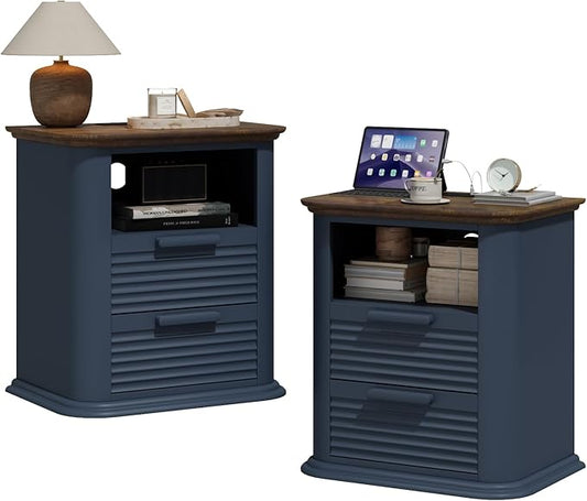22'' Fluted Nightstand with Charging Station Set of 2, Modern End Table with 2 Drawers and Open Storage, Wood Side Table with Round Corner for Bedroom, Living Room, Curved Profile,Dark Navy Blue