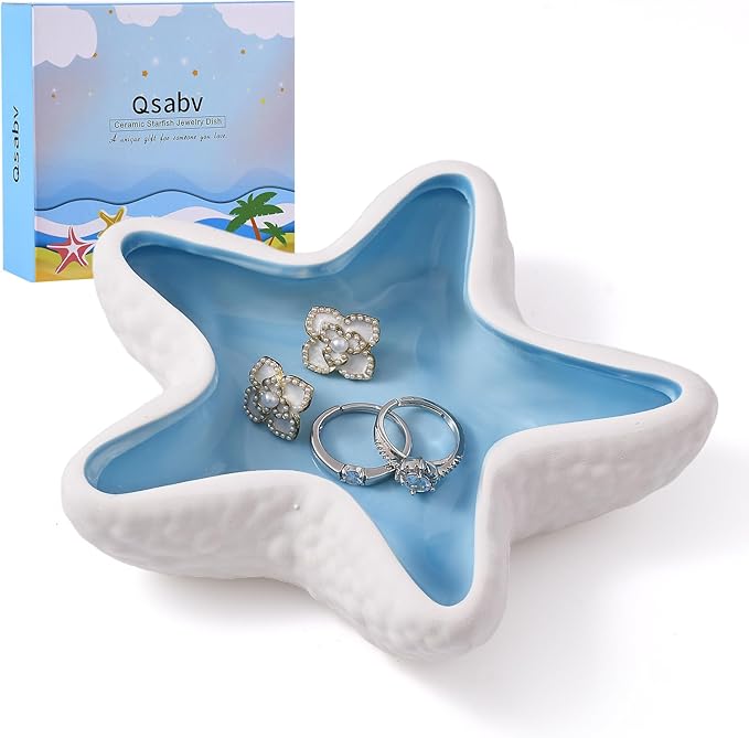 Ceramic Starfish Jewelry Tray, Blue Shell Trinket Dish Beach Gift for Women, Ocean-themed Ring Holder Candy Dish Decorative Tray for Earrings Necklaces Watch Key, Coastal Blue Room Decor