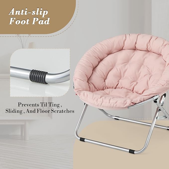 Athena Collection Comfy Saucer Chair, Folding Oversized Cozy Chair for Bedroom Living Room Fabric Reading Chair, Foldable Metal Frame Round Lazy Chair Moon Chair for Adult Set of 2, Pink