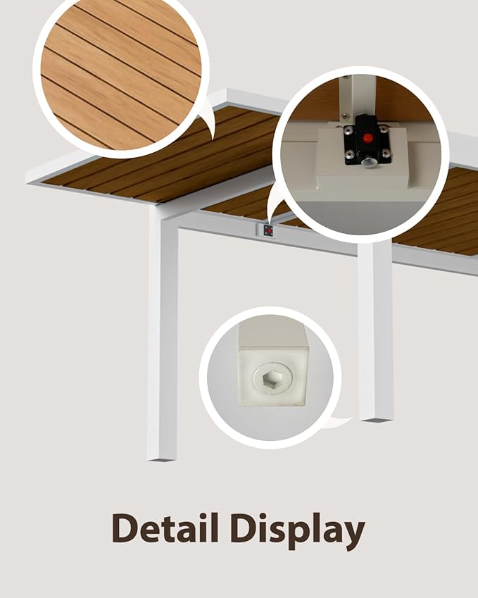 Expandable Patio Dining Table for 4-8 People, Aluminum Outdoor Square Table(55"- 82.7") with Safety Lock, Adjustable Height - Wood Grain for Backyard, Garden, Porch, Yard, Poolside,White