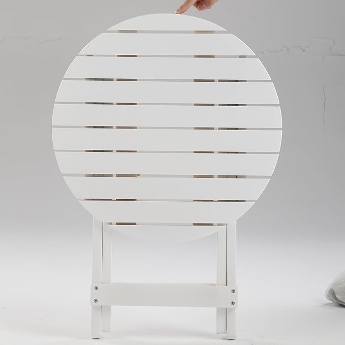 Outdoor Small Round Folding Side Table, Foldable Wooden End Tables for Indoor, Porch, Patio, Camping as Coffee Table or Plant Stand, White ﻿