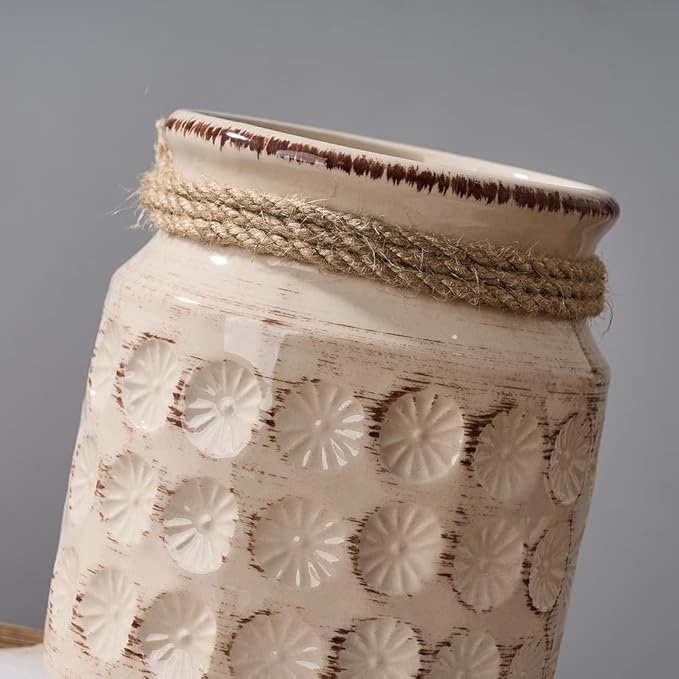 Ceramic Flower Vases for Home Decor Rustic Ideal Shelf Decor Table Décor, 6 Inch Ceramic White Vase for Flowers, Neutral Cream Vases for Mantel, Shelf, Living Room, Table Decoration, Beige