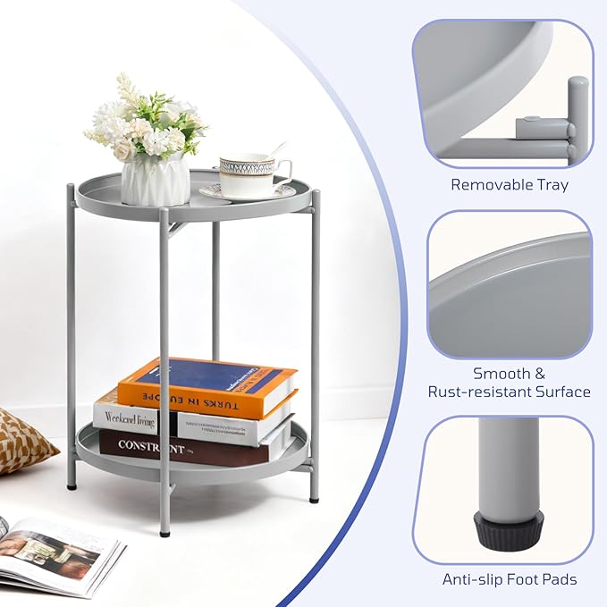 HollyHOME 2-Tier Round Side Table, Outdoor Small Folding Accent Stand with Removable Tray, Anti-Rust Metal Asional Table for Balcony Patio Living Room, Nightstand for Bedroom(Grey)