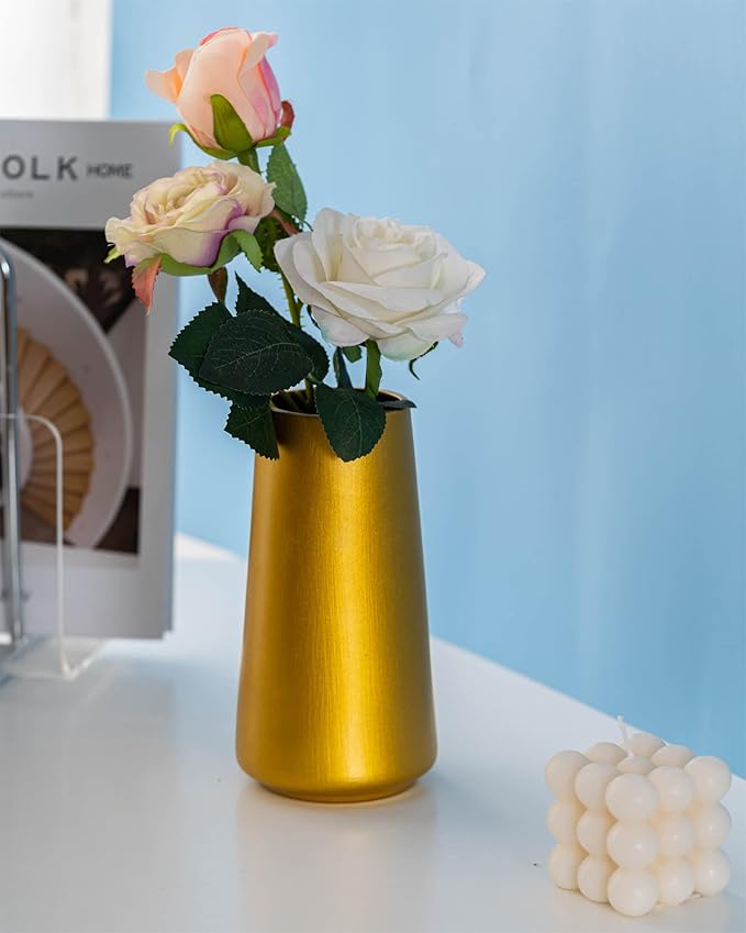 Gold Vase - 8" Gold Ceramic Flower vase for Home/Table/Accent Decor, Minimalist Modern Vases for Centerpieces, Room Decor, Living Room, Bedroom or Gift