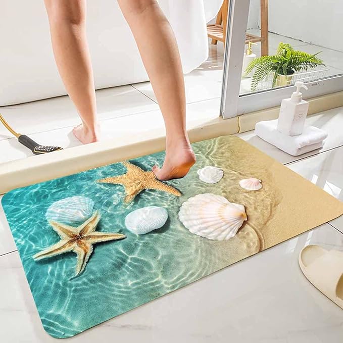 Bath Rugs Sponge Foam Absorbent Soft for Bathroom and Kitchen (30 x17 inches), Flannel Mat Non Slip Bright 3D Print for Bedside and Living Room(Scallop Starfish)