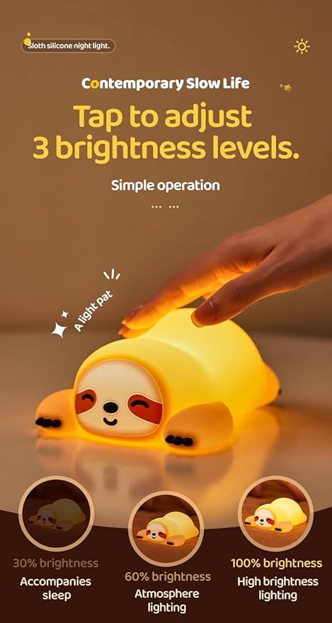 Cute Sloth Night Light, Animal Lamp, Food Grade Silicone, Rechargeable, 3 Level Dimmable, Squishy Nursery Nightlight for Desk Decor, Funny Gifts Stuff for Boys Girls Baby, White Elephant Gifts