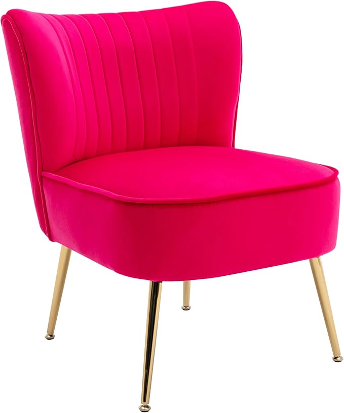 Velvet Accent Chair Set of 2 Comfy Living Room Chair Armless Slipper Chair Mid Century Side Single Sofa Chair with Golden Legs Wingback for Bedroom Guest Room, Hot Pink