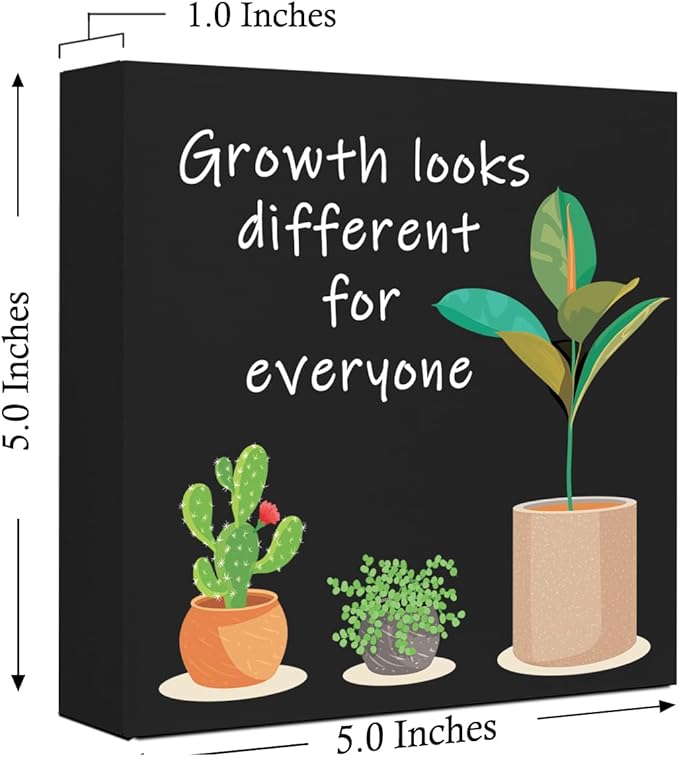 LVQHI Black Inspirational Wood Block Sign,Growth Looks Different for Everyone Plant Motivational Wooden Block Sign for Home Bedroom Office Desk Table Decor,Inspirational Cheer Up Gift for Coworker