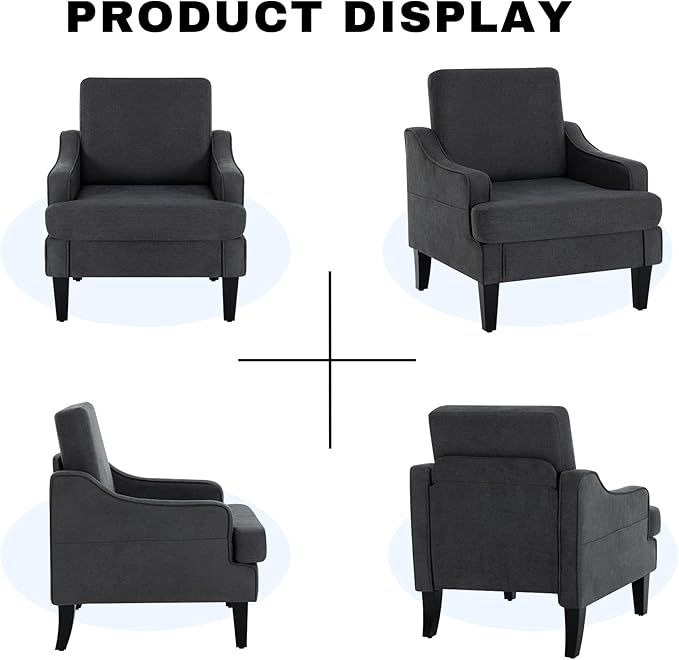 Accent Chair for Living Room,Mid-Century Arm Chair Fabric Living Room Chairs,Upholstered Reading Chair for Bedroom,Single Sofa Chair with Wood Legs for Apartment,Dark Grey,2 Pack