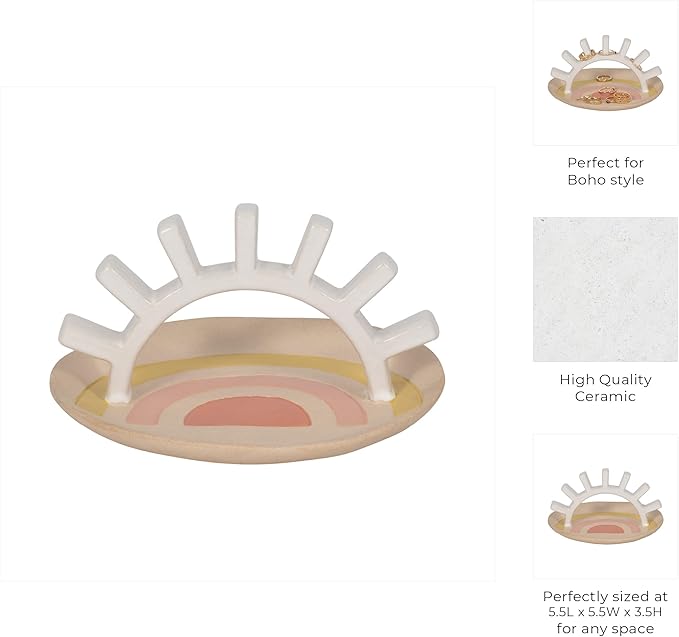 Sagebrook Home Boho Trinket Tray with Ring Holder - Ceramic Stoneware Jewelry Dish - Decorative Organizer for Rings & Accessories - Home, Office, Bedroom & Living Room Decor - 4" Ivory & Tan