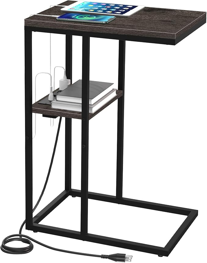 Yoobure C Shaped End Table with Charging Station for Living Room, Bedroom, Sofa Table with USB Ports and Outlets for Small Spaces, C Couch Rustic Snack Bed Table, Charcoal Gray