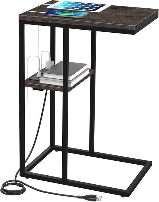 Yoobure C Shaped End Table with Charging Station for Living Room, Bedroom, Sofa Table with USB Ports and Outlets for Small Spaces, C Couch Rustic Snack Bed Table, Charcoal Gray