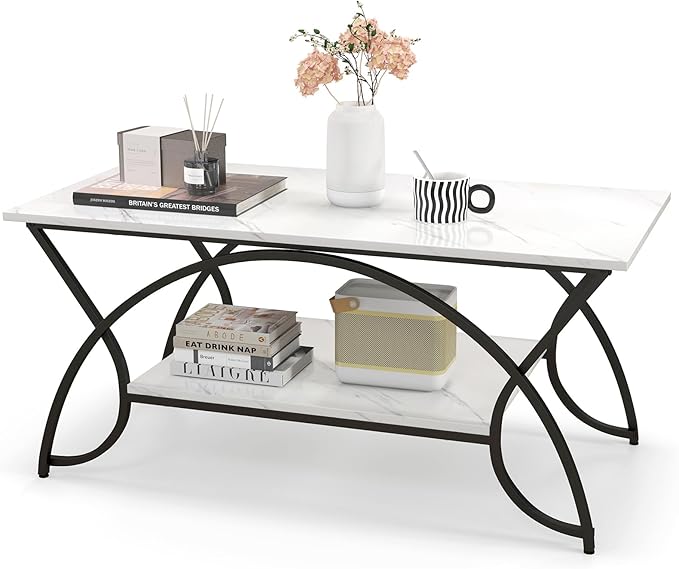 Giantex 2-Tier Rectangular Coffee Table, Faux Marble Table with Open Storage Shelf, Black Finished Metal Frame, Modern Center Table for Living Room, Reception Room (White+Black)
